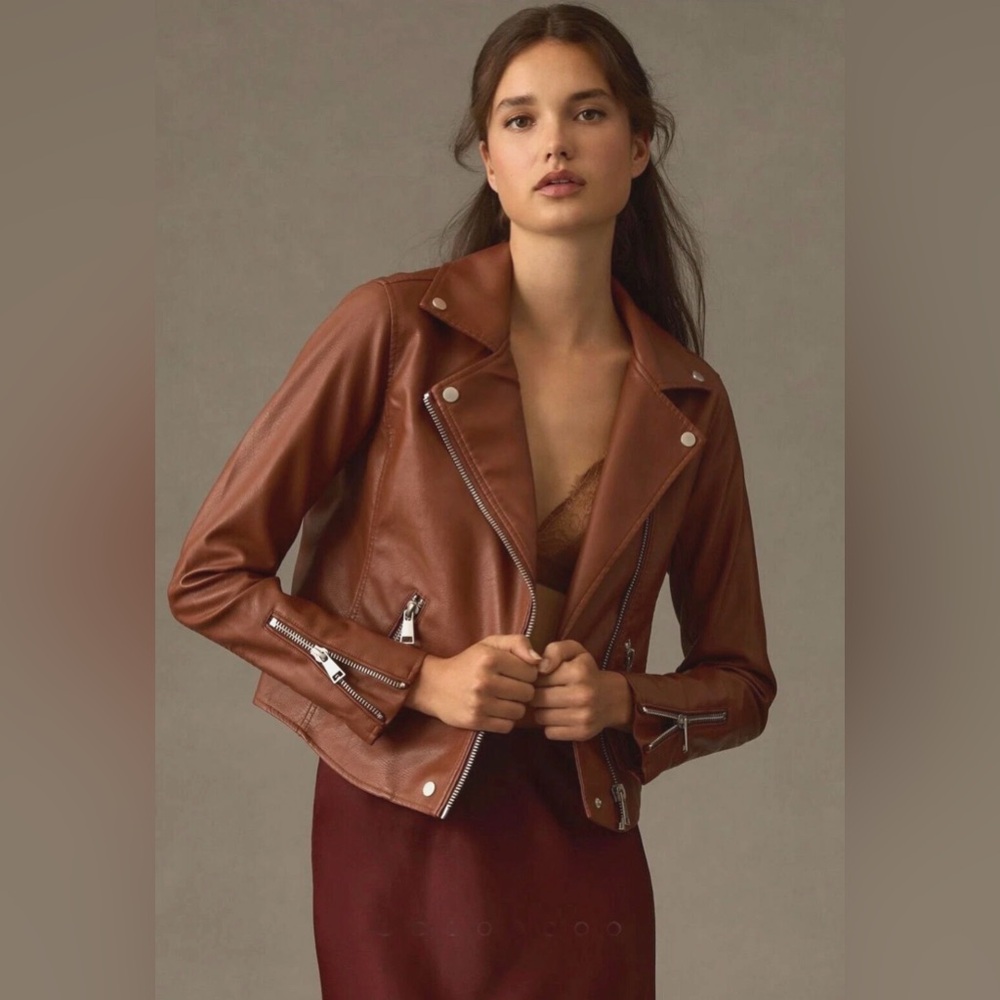 Anthropologie The Saige Faux Leather Moto Jacket XXS Brown